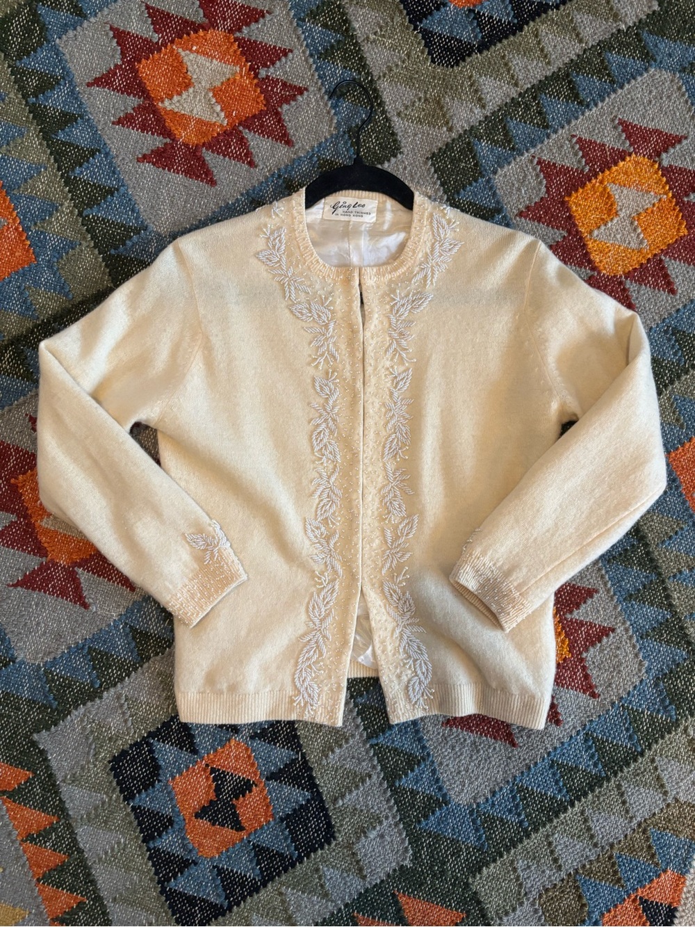 Vintage Ging Loo Hong Kong Bead Embroidered Wool Blend Cardigan